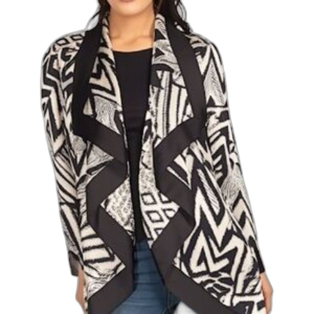 NWT Guess Jet Black Multi Tribal Print Waterfall Silky Shawl Cardigan Medium